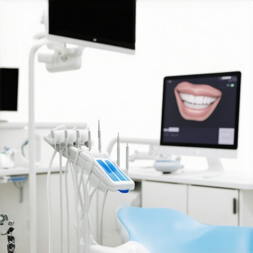 Advanced Smile Design Technology in Modern Dentistry Dentist showing digital smile design plans to a patient in a high-tech dental clinic