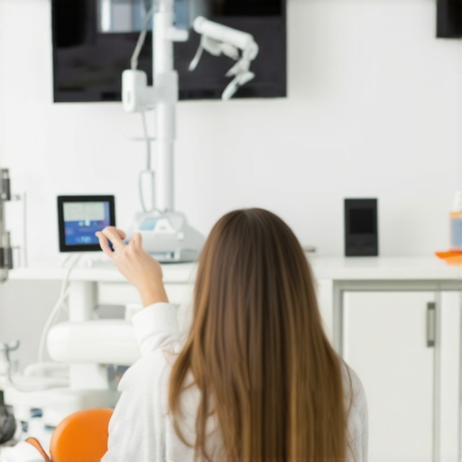 Family engaging in virtual dental consultation with advanced technology Family using digital tools and virtual consultation in a modern dental clinic