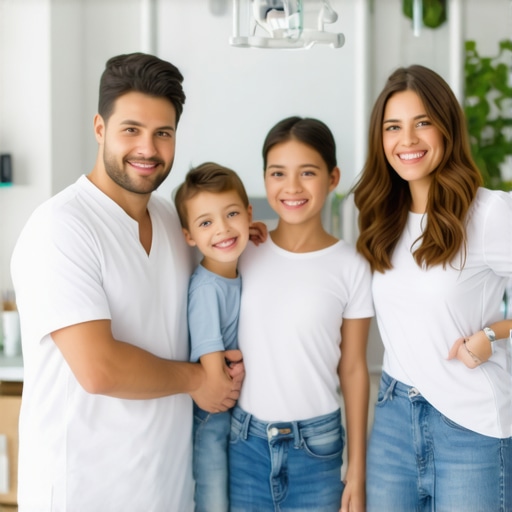 A family receiving dental care with high-tech equipment in a modern clinic.