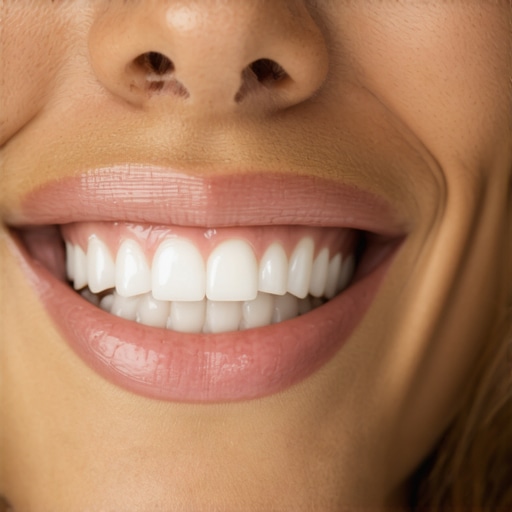 Close-up of a person smiling, showcasing dental implants and veneers, emphasizing oral health.