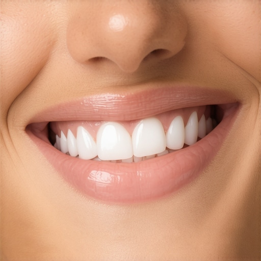 Close-up of a smiling person with natural-looking dental veneers and implants