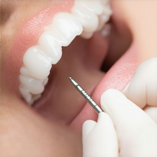 Dentist demonstrating veneer placement with high-tech tools