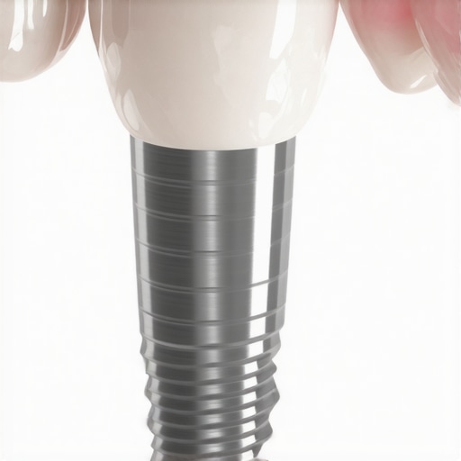 Close-up of a dental implant showing a titanium post surrounded by healthy gums.