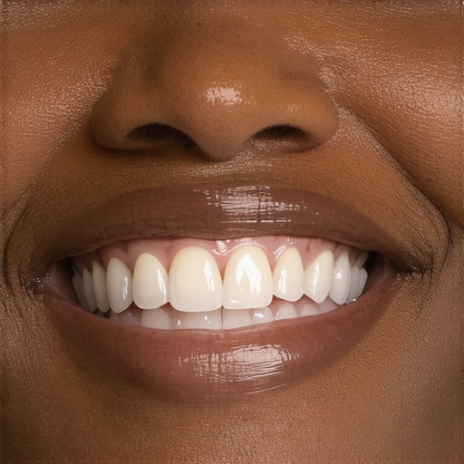 Close-up of a smiling person with a dental implant that looks natural and healthy.