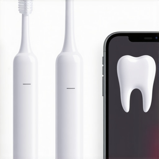 Close-up of electric toothbrush, interdental brushes, and dental monitoring app on smartphone.