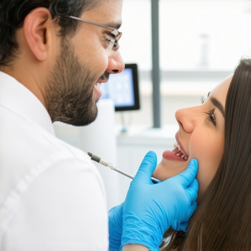 A dentist discussing smile enhancement options with a patient in a clinic setting.
