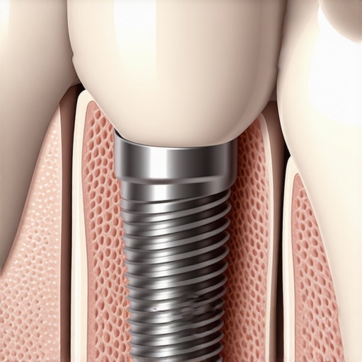 A detailed view of a dental implant integrated into healthy gum tissue