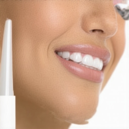 A person demonstrating the use of a water flosser to maintain dental restorations