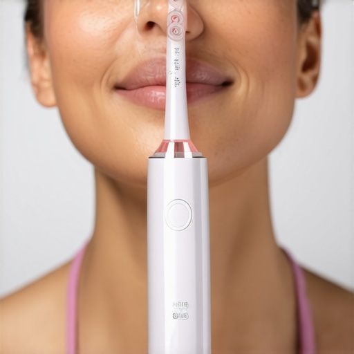 Person demonstrating the use of electric toothbrush and water flosser for maintaining cosmetic dental restorations