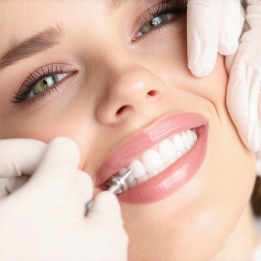 Professional Veneer Application Process Dentist carefully applying dental veneers to a patient's teeth in a dental clinic.