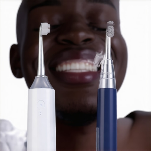 Person maintaining oral hygiene with water flosser and electric toothbrush.