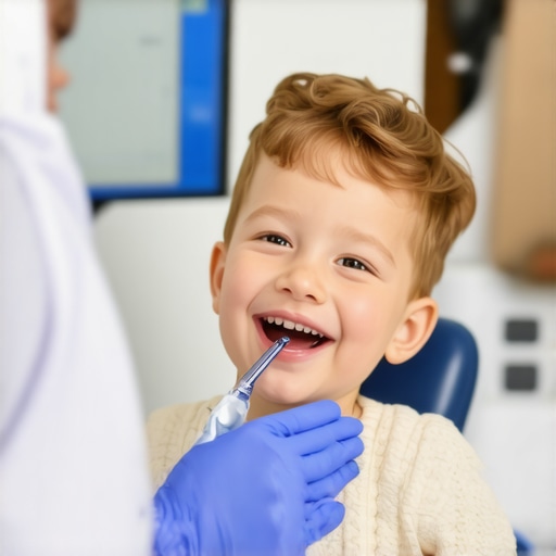 Dentist showing AI dental scan to happy child and parent in modern dental clinic