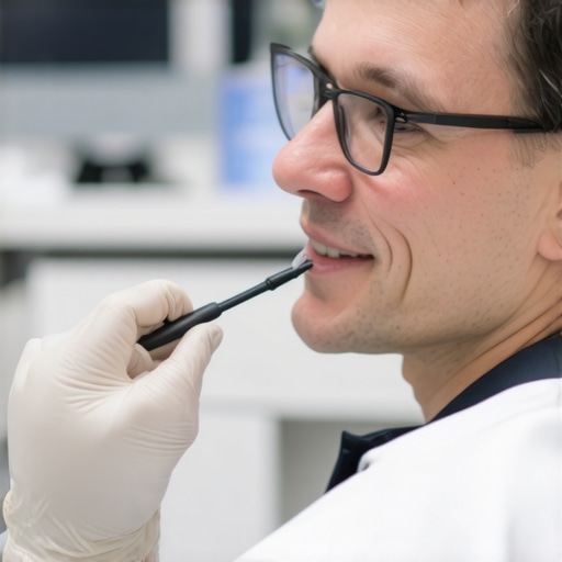 Advanced Dental Implant Materials Dentist showing digital imaging and bio-ceramic coating samples to patient.