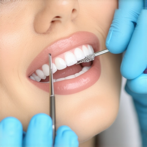 Close-up of a dentist using resin to fill gaps between veneers for a seamless smile.