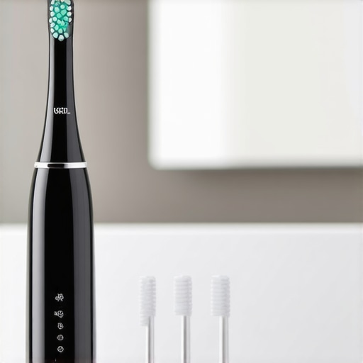 Electric toothbrush and interdental brushes on bathroom counter indicating oral hygiene tools.