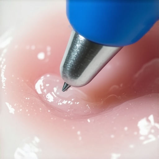 A dentist's hand holding an ultrasonic cleaner device, cleaning a patient's veneer in a clinical environment