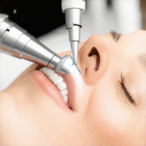 Close-up of fiber-optic dental scanner measuring bone density in patient's mouth.