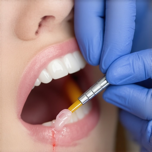 Close-up of dentist applying liquid-enamel to a patient’s tooth with specialized tools.
