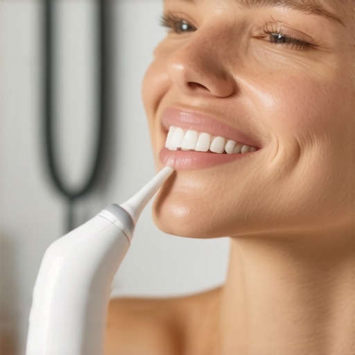 Person using a high-tech sonic toothbrush, emphasizing modern dental hygiene tools.