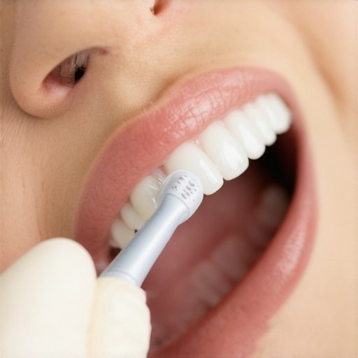 Dentist demonstrating ultrasonic toothbrush and digital scanner technology