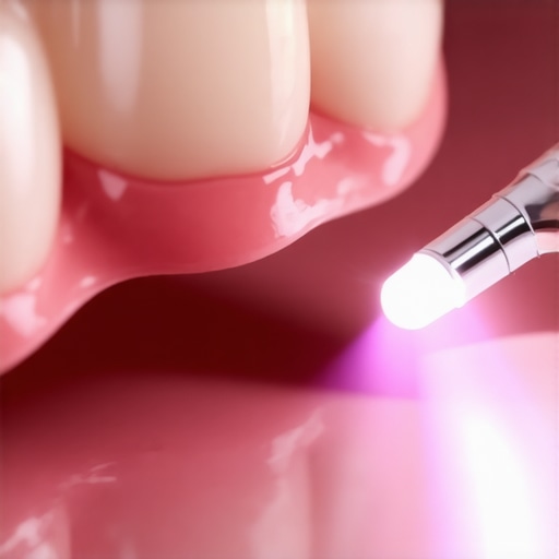 Dentist applying advanced bonding agent to veneer with curing light