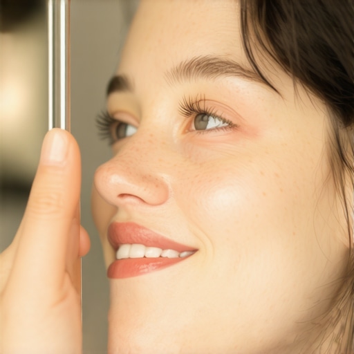Person examining their face in mirror for smile design planning
