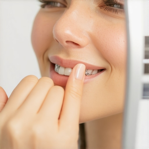 Person performing a gentle tap test on their dental implant in front of a bathroom mirror.
