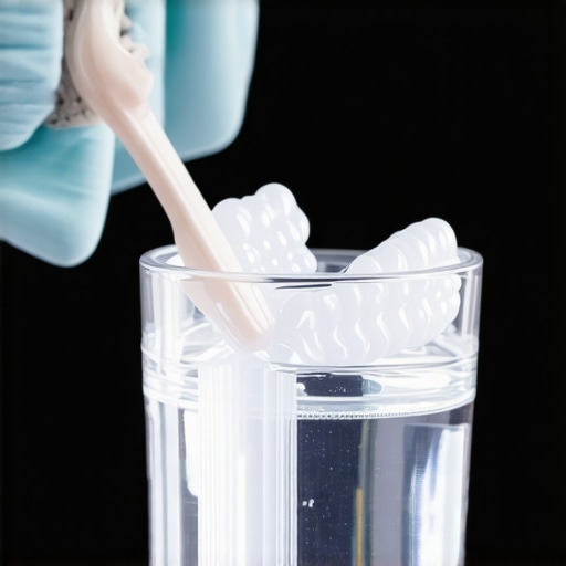 Person carefully brushing clear aligners with a soft toothbrush in a cleaning glass.