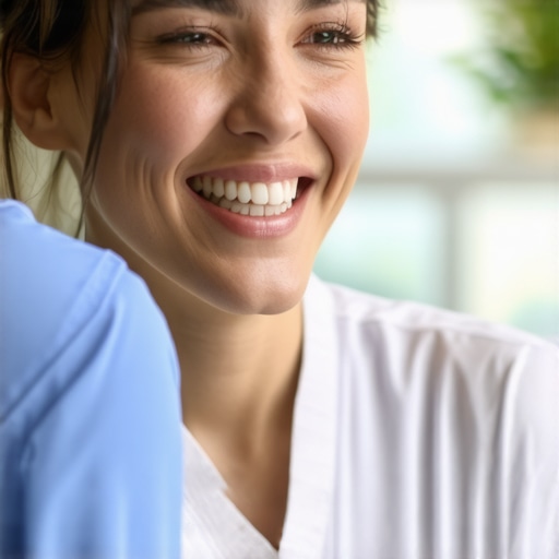 Dentist discussing smile enhancement options with patient in a contemporary clinic environment