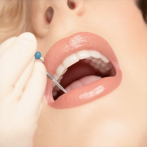 Dentist performing oral check-up with dental instruments.