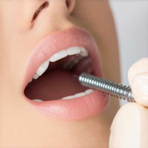 Dentist examining a dental implant in patient's mouth during check-up.