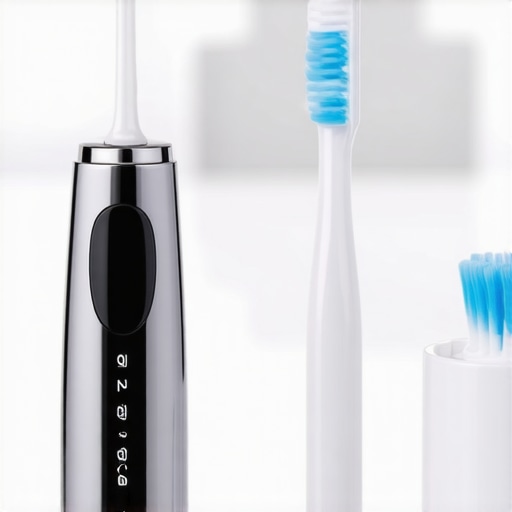 Water flosser and soft toothbrush ready for oral hygiene routine.
