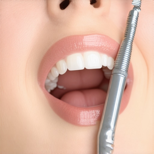 Close-up of a dentist carefully adjusting a dental crown in a patient's mouth.