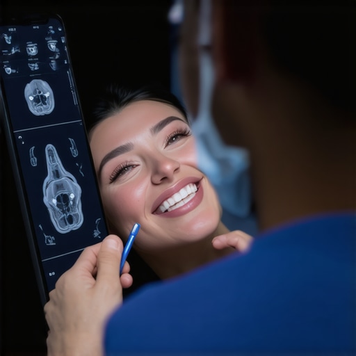 Dentist analyzing detailed 3D scans of teeth with high-tech equipment