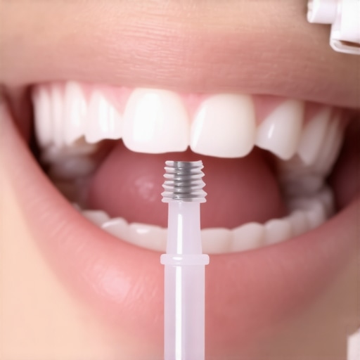Person demonstrating use of water flosser for implant maintenance