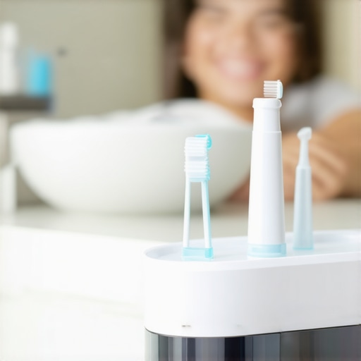 Ultrasonic dental cleaner and interdental brushes on a countertop, illustrating tools for maintaining dental restorations.