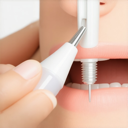 Effective Dental Maintenance with Ultrasonic Flossing A close-up of an ultrasonic water flosser being used around dental implants for thorough cleaning.