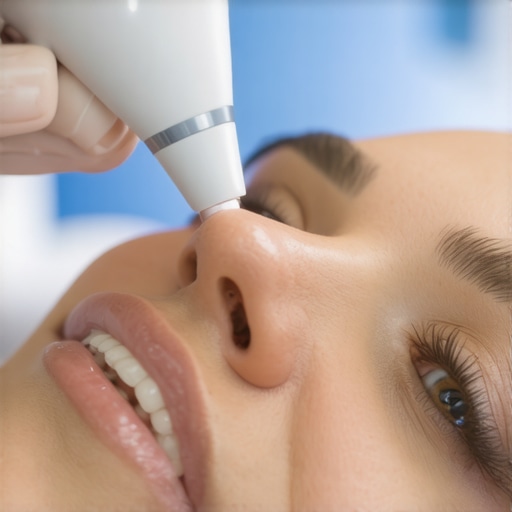Dental professional utilizing fiber optic scan to monitor dental implant health during routine check-up.