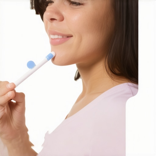 Pregnant woman flossing and brushing her gums carefully with a soft toothbrush.