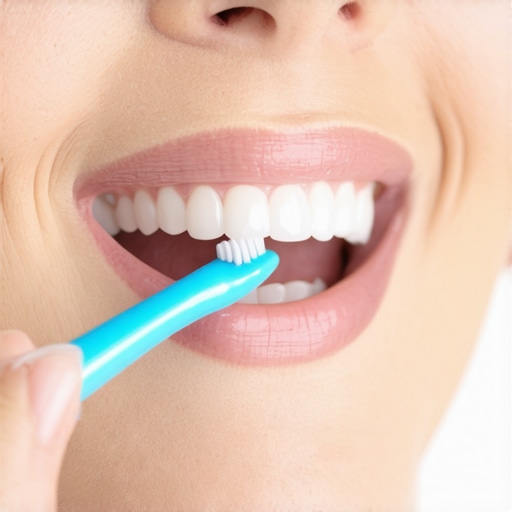 Person brushing dental implant area with soft toothbrush