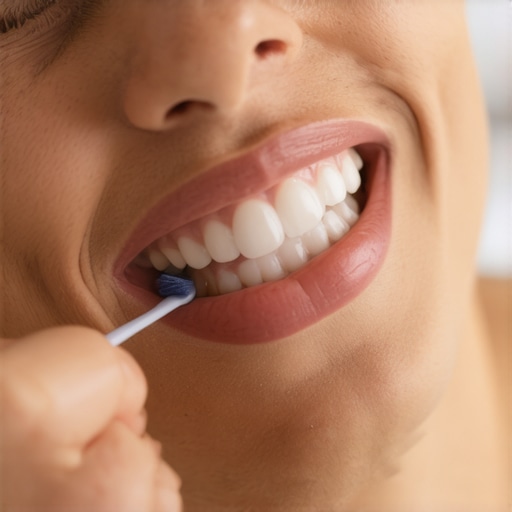 Person brushing dental veneers with soft bristles to prevent damage.
