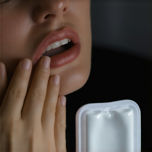 Person experiencing tooth pain on airplane with dental supplies nearby.