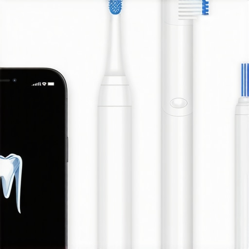 Modern tools for dental maintenance A collection of high-tech dental tools including an ultrasonic cleaner, smart toothbrush, and dental monitoring app displayed on a smartphone.