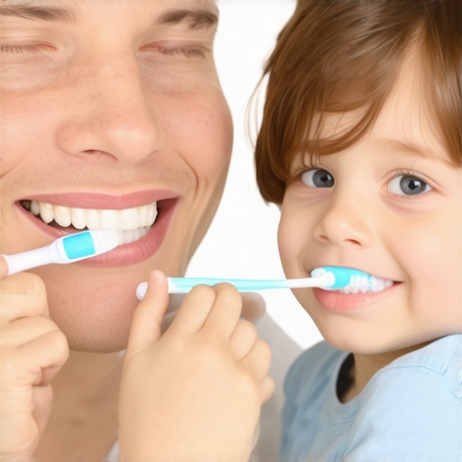 Parent helping child brush teeth with braces in a bathroom.