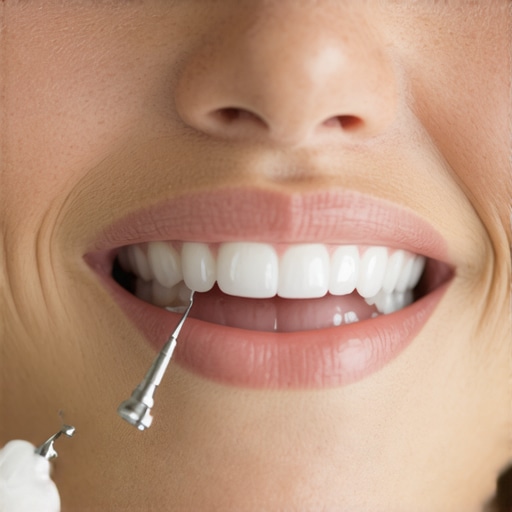 Dentist shaping porcelain veneers on teeth with fine tools.