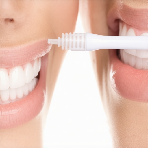 Professional oral hygiene tools for cosmetic dentistry A person carefully cleaning their veneers and dental implants with ultrasonic toothbrush and interdental brushes.