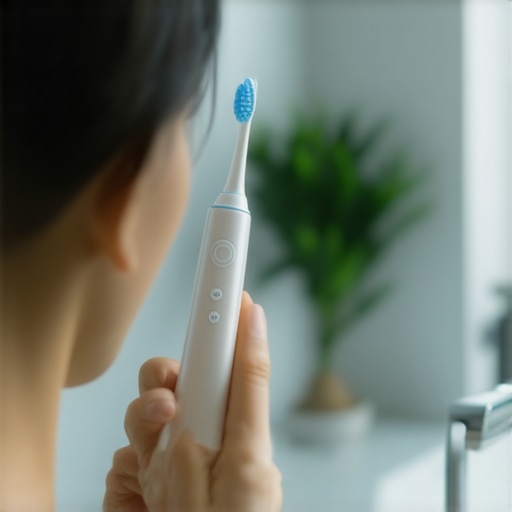 Person brushing teeth with a sonic electric toothbrush, focusing on gentle cleaning and protecting dental restorations.