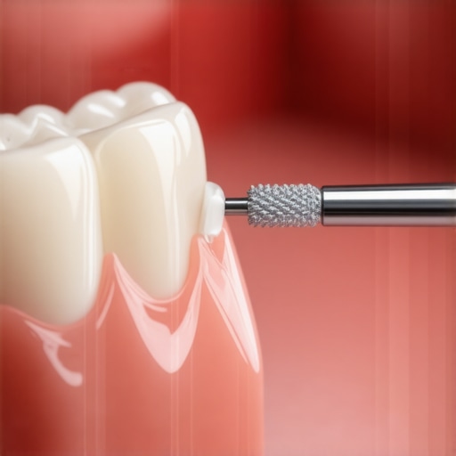 Advanced interdental cleaning tool in use Person using an interdental brush to clean around a dental veneer