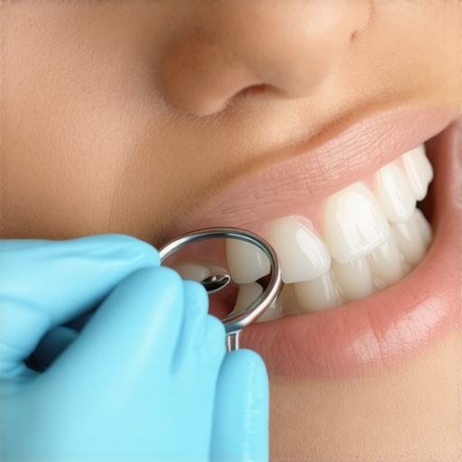 Dentist inspecting gum tissue around dental implant with mirror