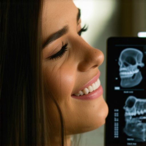 Dental consultation for TMJ management Dentist analyzing jaw X-ray images with patient discussing TMJ issues